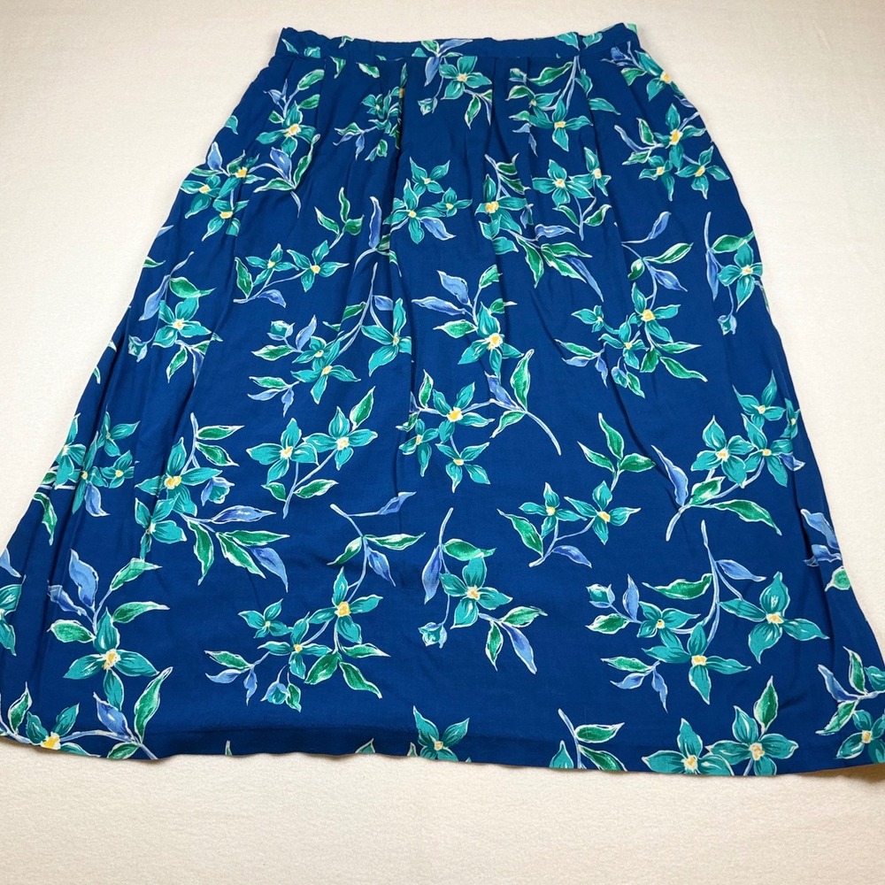 Bentley Plus Blue Floral Rayon Midi Skirt Pockets Size 16 Vintage Style